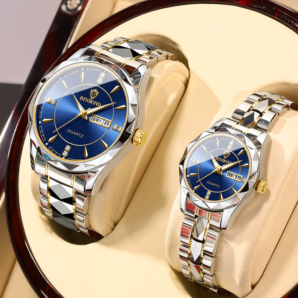 Double Calendar Gold Stainless Steel Butterfly Double Button Quartz Movement Binbond Couple Watch